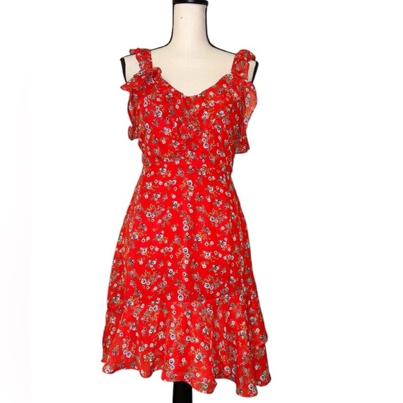 Lulus Spring Dream Red Floral Print Ruffled Skater Dress NWT Sz. Medium - Picture 6 of 14